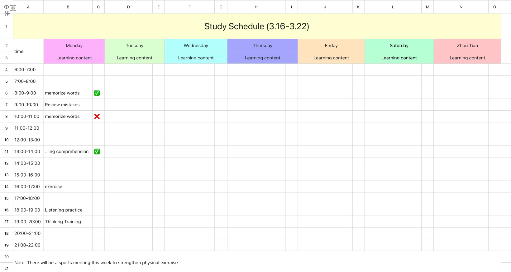 Weekly Plan Learning Table